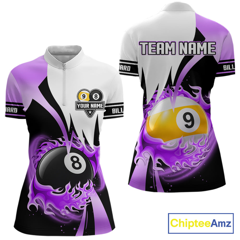 Custom Flame 8 Ball & 9 Ball Billiard Shirt For Women, Pool Team Jersey Polo & Quarter Zip |Purple TDM6541