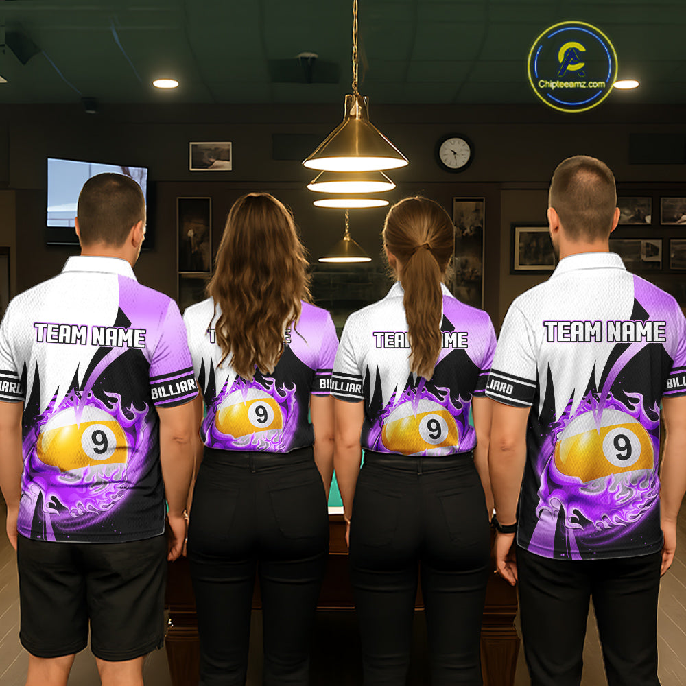 Custom Flame 8 Ball & 9 Ball Billiard Shirt For Men, Pool Team Jersey Polo & Quarter Zip |Purple TDM6541
