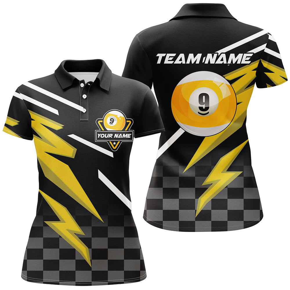 Personalized 9 Ball Pool Tournament Billiards Shirts For Women, Yellow Black 9 Ball Billiard Jerseys TDM1837