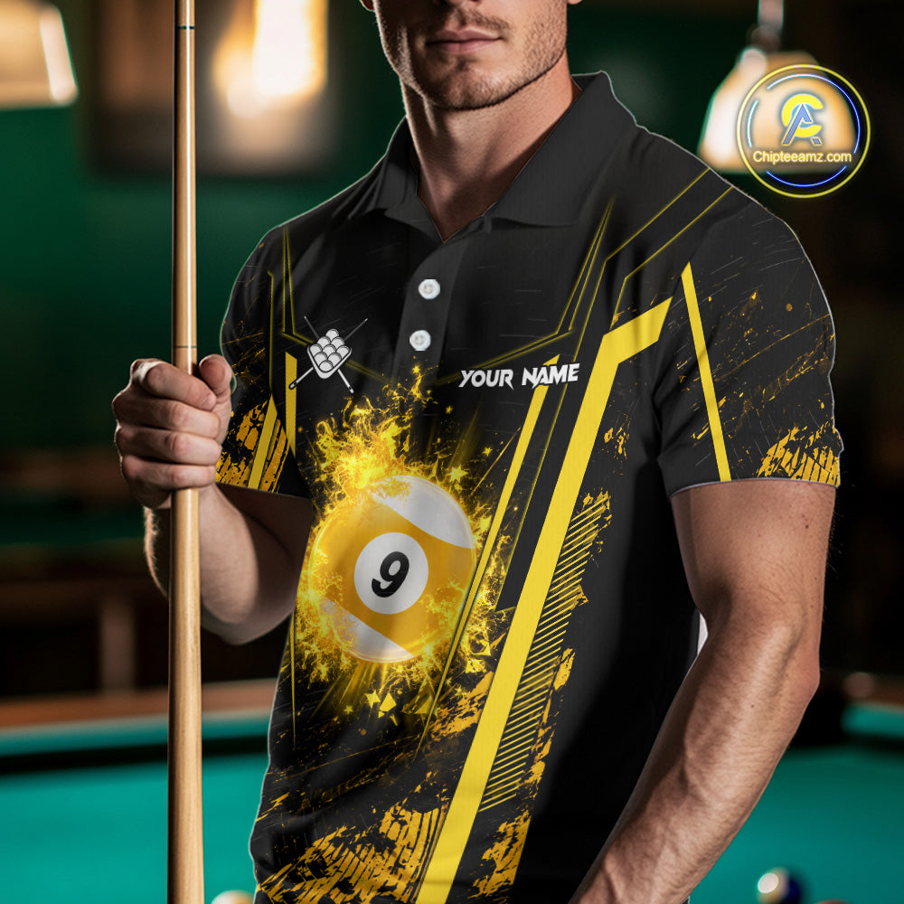 Man Wearing Yellow and Black Grunge 9 Ball Personalized Billiard Polo Shirt with Modern Athletic Fit and Competitive League Style, Front View