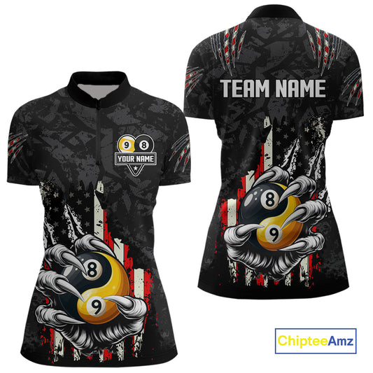 Funny Claw Tearing US Flag Yin-Yang Billiard Shirt For Women Custom 8 & 9 Ball Billiard Team Jerseys TDM4605