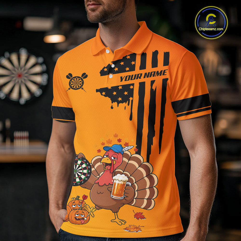 Custom Orange Funny Drunk Turkey US Flag Darts Jerseys For Men, Thanksgiving Darts Team Shirts TDM7279