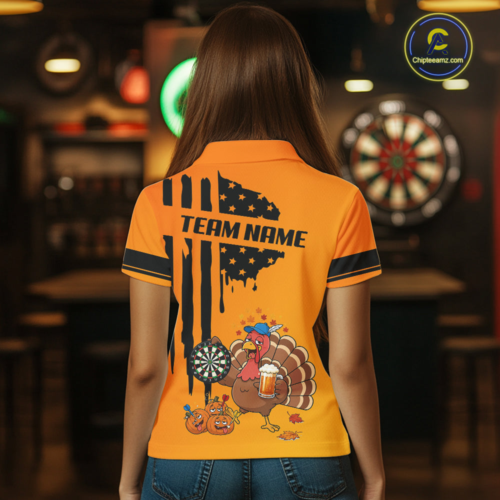 Custom Orange Funny Drunk Turkey US Flag Darts Jerseys For Women, Thanksgiving Darts Team Shirts TDM7279