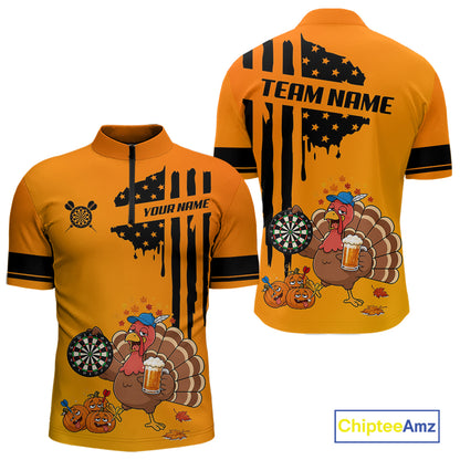 Custom Orange Funny Drunk Turkey US Flag Darts Jerseys For Men, Thanksgiving Darts Team Shirts TDM7279
