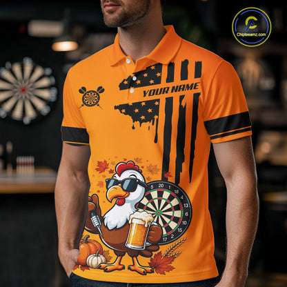 Custom Orange Funny Turkey Beer US Flag Darts Jerseys For Men, Thanksgiving Darts Team Shirts TDM7280