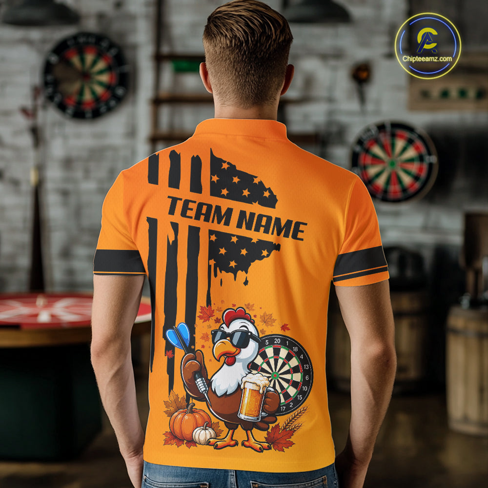 Custom Orange Funny Turkey Beer US Flag Darts Jerseys For Men, Thanksgiving Darts Team Shirts TDM7280