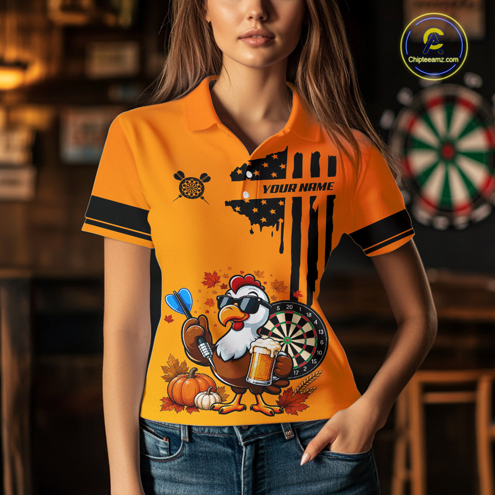 Custom Orange Funny Turkey Beer US Flag Darts Jerseys For Women, Thanksgiving Darts Team Shirts TDM7280