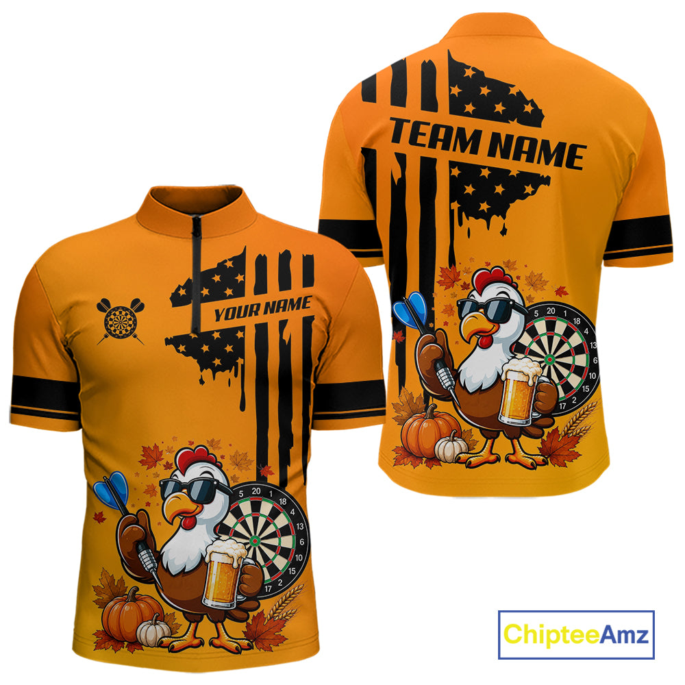 Custom Orange Funny Turkey Beer US Flag Darts Jerseys For Men, Thanksgiving Darts Team Shirts TDM7280