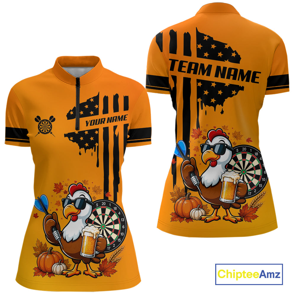 Custom Orange Funny Turkey Beer US Flag Darts Jerseys For Women, Thanksgiving Darts Team Shirts TDM7280