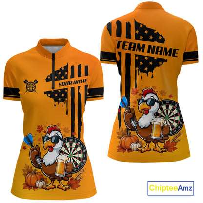 Custom Orange Funny Turkey Beer US Flag Darts Jerseys For Women, Thanksgiving Darts Team Shirts TDM7280