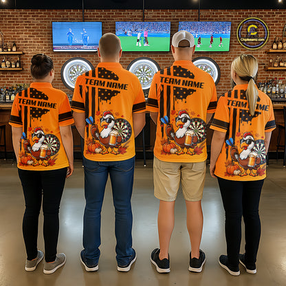 Custom Orange Funny Turkey Beer US Flag Darts Jerseys For Men, Thanksgiving Darts Team Shirts TDM7280
