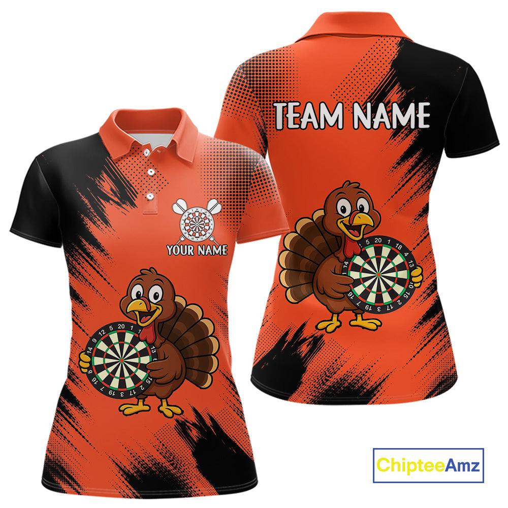 Custom Orange Funny Turkey Darts Shirt For Women, Thanksgiving Darts Team Jersey Polo & 1/4 Zip TDM4803