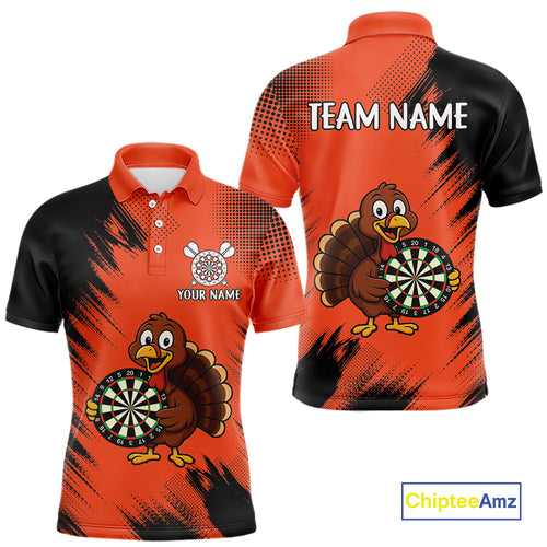 Custom Orange Funny Turkey Darts Shirt For Men, Thanksgiving Darts Team Jersey Polo & 1/4 Zip TDM4803