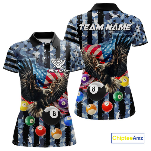 Blue Camo American Flag Eagle 8 Ball Billiard Shirt For Women Custom Patriotic Pool Team Jerseys TDM4809