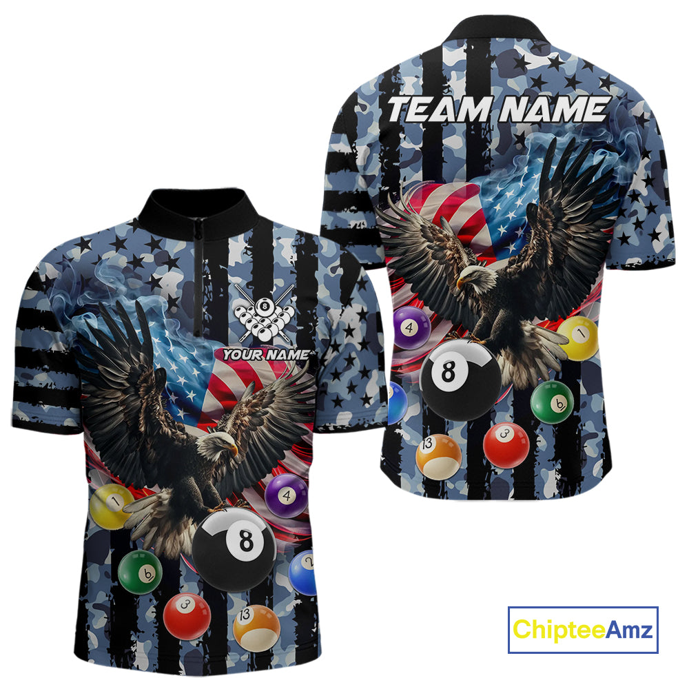 Blue Camo American Flag Eagle 8 Ball Billiard Shirt For Men Custom Patriotic Pool Team Jerseys TDM4809