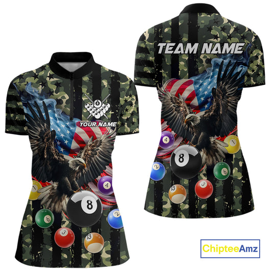 Green Camo American Flag Eagle 8 Ball Billiard Shirt For Women Custom Patriotic Pool Team Jerseys TDM4810