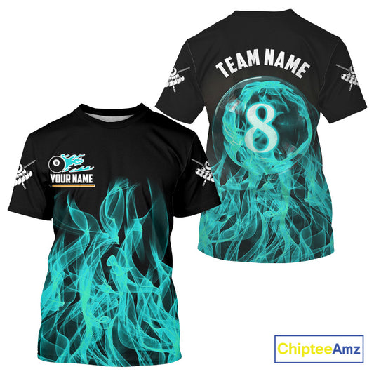 Turquoise Flaming 8 Ball Pool Billiard T-Shirt For Men Custom Pool Player Jersey, Billiard Gifts TDM2772