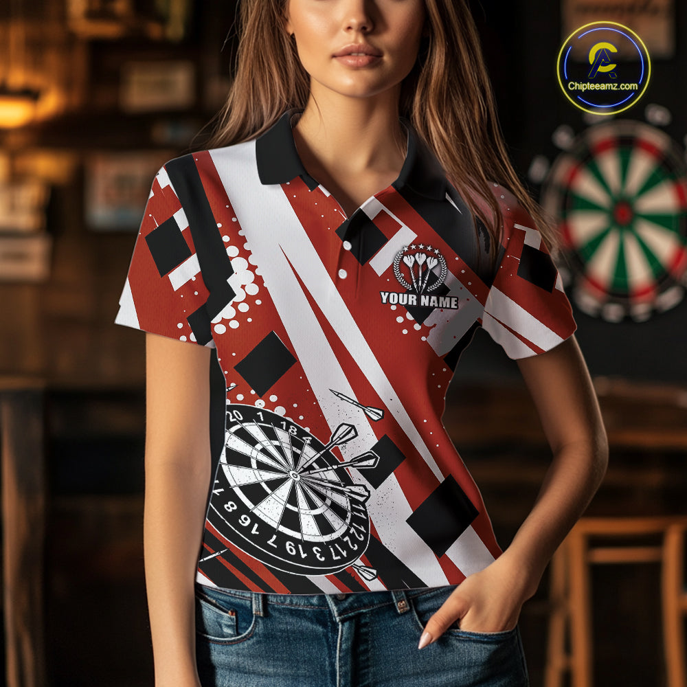 Custom Red Geometric Darts Polo & Quarter Zip For Women, Personalized Darts Team Jersey Outfit TDM5026