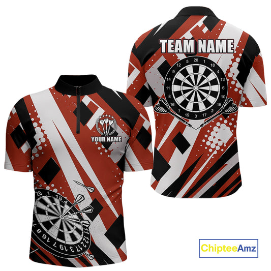 Custom Red Geometric Darts Polo & Quarter Zip For Men, Personalized Darts Team Jersey Outfit TDM5026
