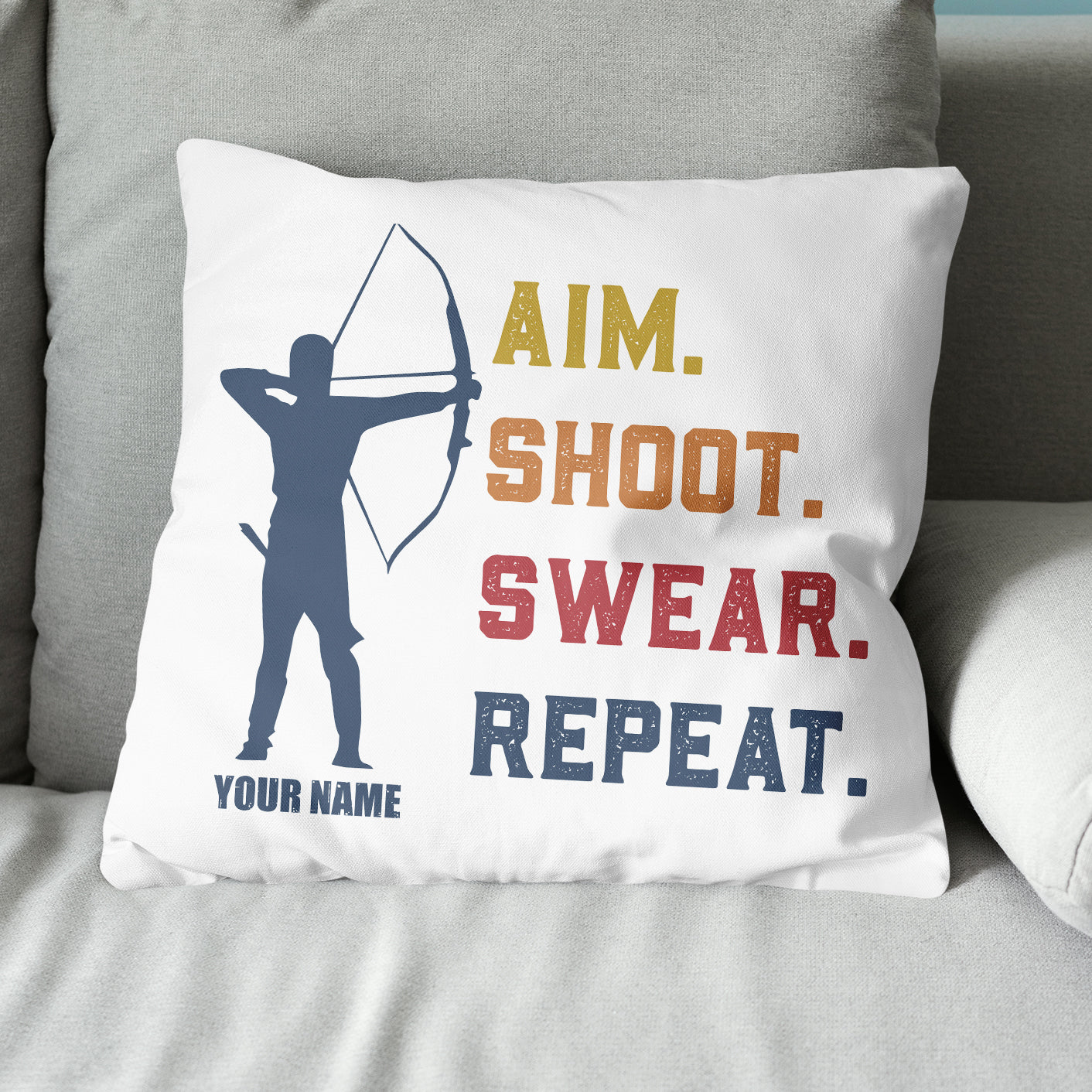 Funny Vintage Archery Aim Shoot Swear Repeat Custom Name White Pillow TDM0755