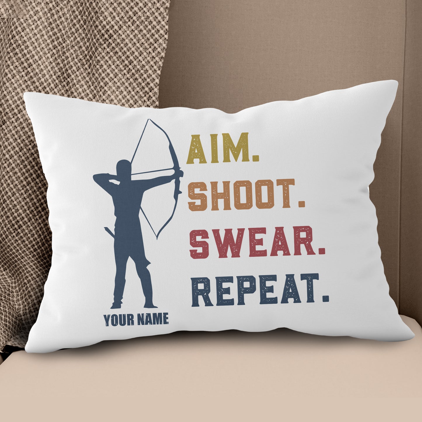 Funny Vintage Archery Aim Shoot Swear Repeat Custom Name White Pillow TDM0755