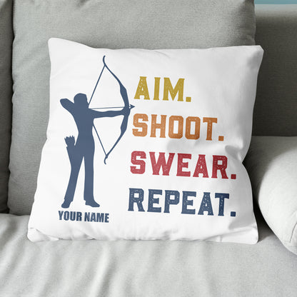Funny Vintage Archery Aim Shoot Swear Repeat Custom Name White Pillow TDM0756
