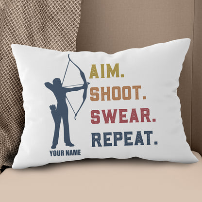 Funny Vintage Archery Aim Shoot Swear Repeat Custom Name White Pillow TDM0756