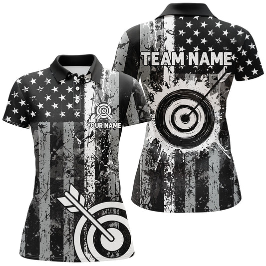 Custom Black Grunge USA Flag Archery Shirts For Women, Patriotic American Archery Team Jerseys TDM3242