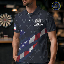 Load image into Gallery viewer, Navy Blue American Flag Darts Shirt For Men Custom Darts Polo &amp; 1/4 Zip, Patriotic Darts Jersey TDM5954