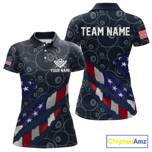 Navy Blue US Flag 8 Ball Billiard Shirt For Women Custom Patriotic Pool Team Jersey Polo & 1/4 Zip TDM5955