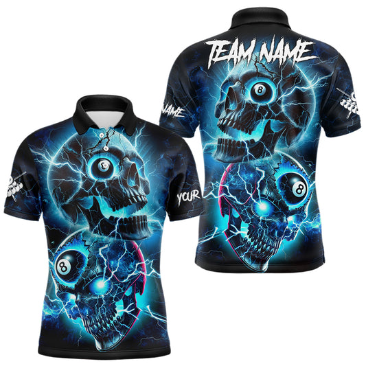 Personalized Blue Billiard 8 Ball Skull Billiard Polo & 1/4 Zip For Men, Lightning Billiard Jerseys TDM3747