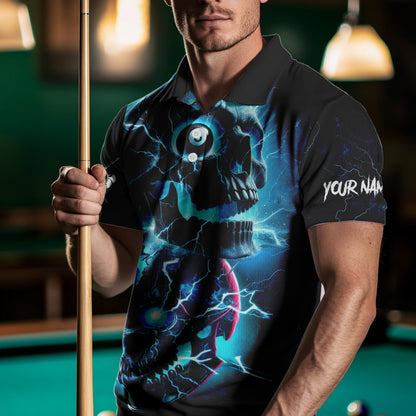 Personalized Blue Billiard 8 Ball Skull Billiard Polo & 1/4 Zip For Men, Lightning Billiard Jerseys TDM3747
