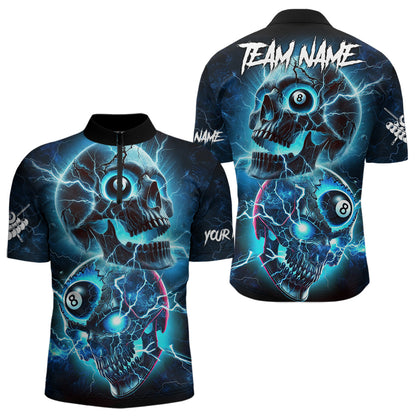 Personalized Blue Billiard 8 Ball Skull Billiard Polo & 1/4 Zip For Men, Lightning Billiard Jerseys TDM3747