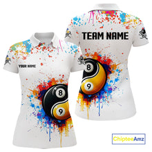 Load image into Gallery viewer, Funny Yin Yang 8 Ball &amp; 9 Ball Colorful Splash Custom Women&#39;s Billiard Shirts, Pool Jerseys|White TDM4018