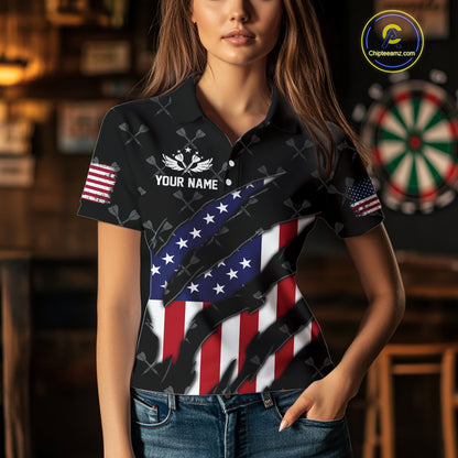 Personalized American Flag Patriotic Dart Shirts For Women – Darts Team Jerseys Polo & 1/4 Zip|Black TDM4025
