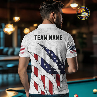 Personalized American Flag Billiard Shirts For Men, Patriotic 8 Ball Pool Team Jersey | White TDM4026