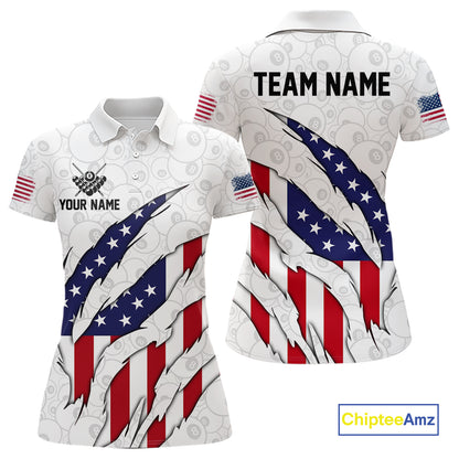 Personalized American Flag Billiard Shirts For Women, Patriotic 8 Ball Pool Team Jersey | White TDM4026
