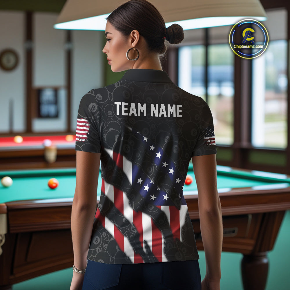 Personalized American Flag Billiard Shirts For Women, Patriotic 8 Ball Pool Team Jersey | Black TDM4027