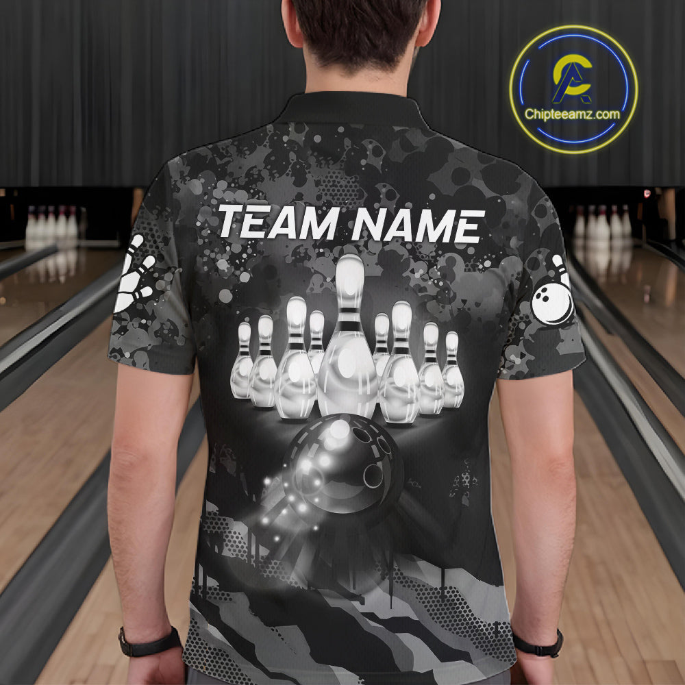 Custom Black And Grey Camo Bowling Shirt For Men, Grunge Bowling Team Jersey Polo & 1/4 Zip TDM6543