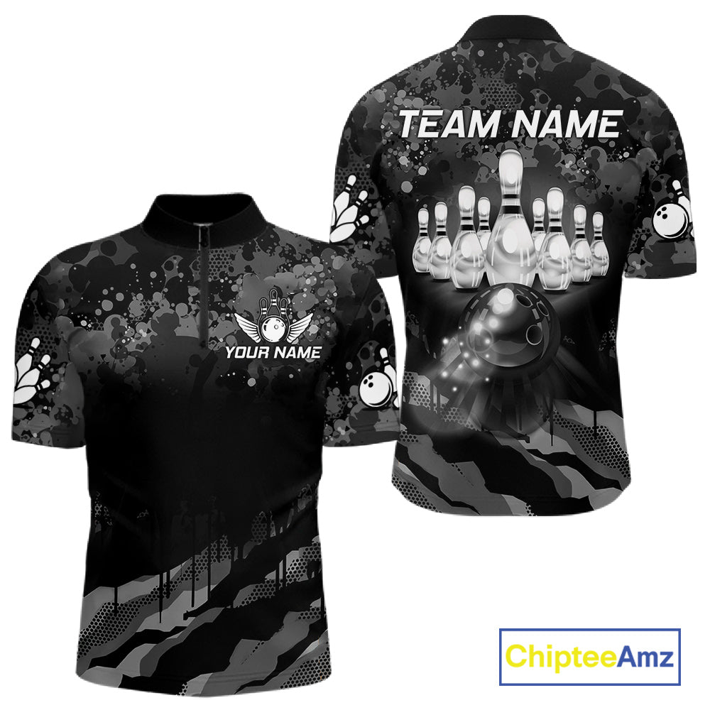 Custom Black And Grey Camo Bowling Shirt For Men, Grunge Bowling Team Jersey Polo & 1/4 Zip TDM6543