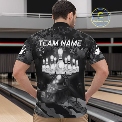 Custom Black And Grey Camo Bowling Shirt For Men, Grunge Bowling Team Jersey Polo & 1/4 Zip TDM6543