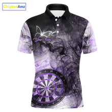 Load image into Gallery viewer, Purple butterfly smoke darts polo shirt for men with custom darts team graphics.
