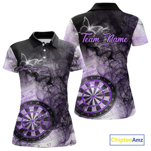 Purple butterfly smoke darts polo shirt for women with custom darts team graphics.