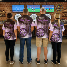Load image into Gallery viewer, Back view of darts players wearing matching purple butterfly smoke darts shirts.