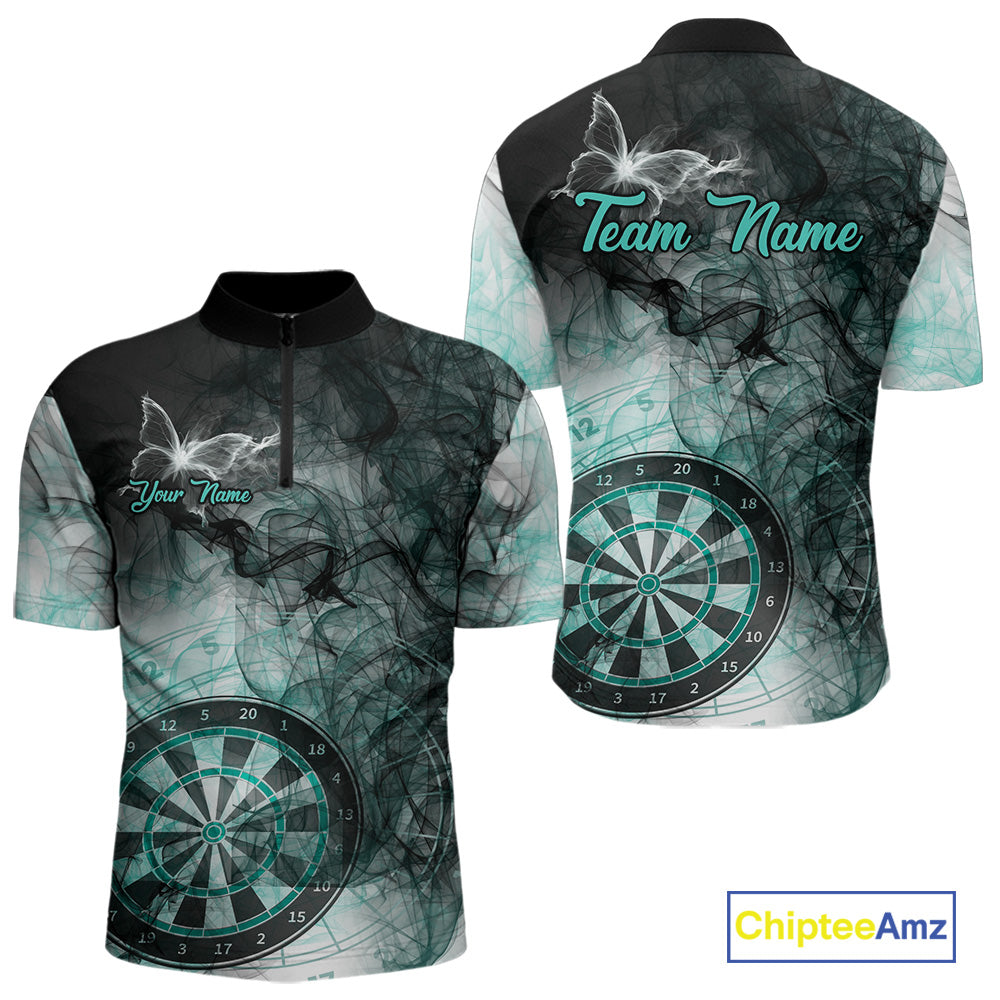 Turquoise butterfly smoke darts quarter zip shirt for men designed for league tournaments and team events.