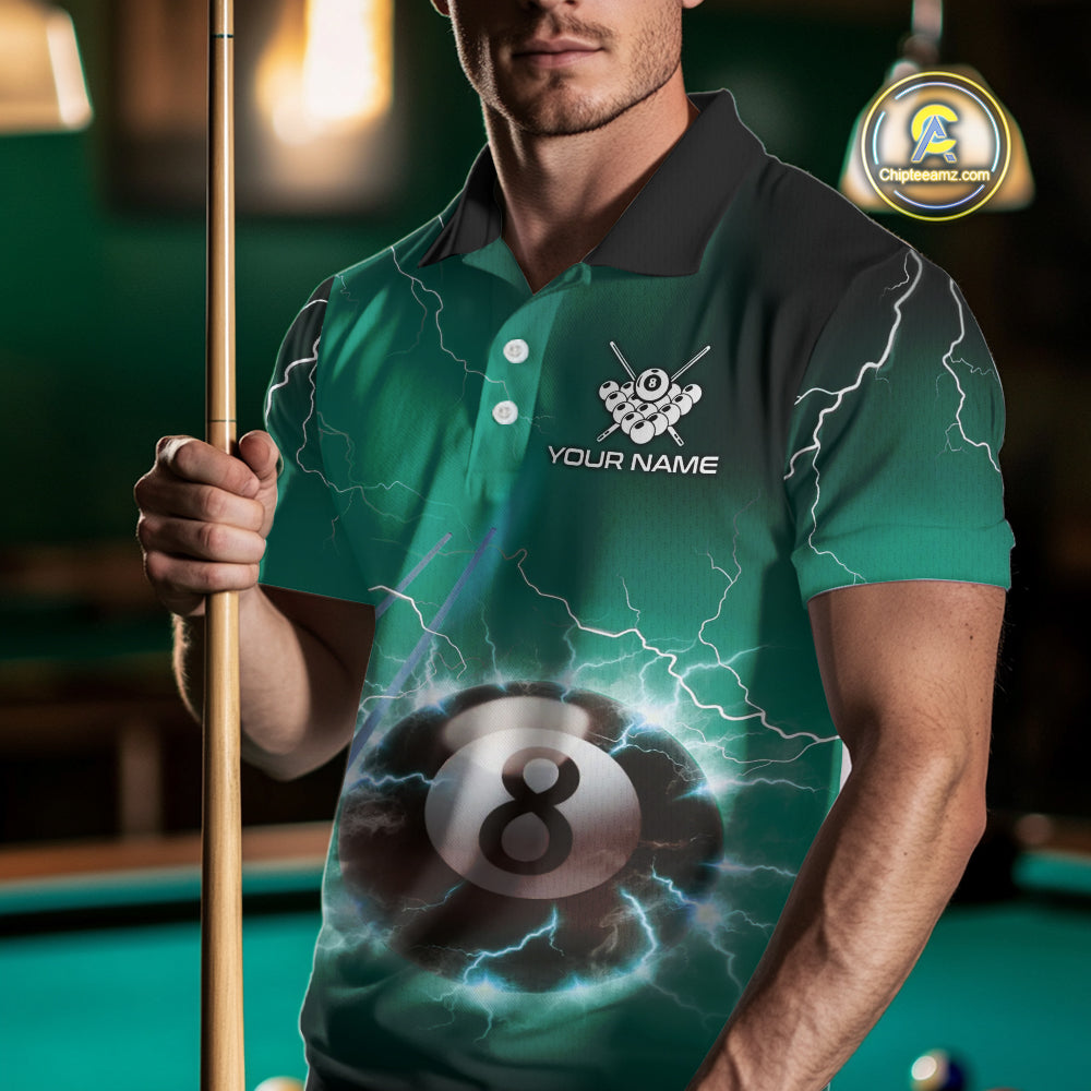 Personalized Turquoise Thunder Lightning 8 Ball Pool Billiard Shirt For Men, Billiard Team Jersey TDM4609