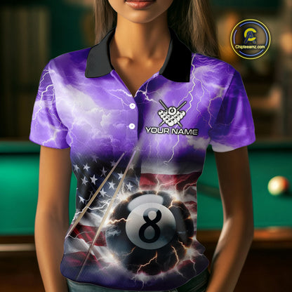 Purple American Flag Thunder Lightning 8 Ball Billiard Shirt For Women Custom Pool Team Jersey TDM4611