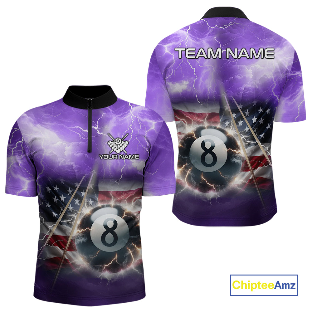 Purple American Flag Thunder Lightning 8 Ball Billiard Shirt For Men Custom Pool Team Jersey TDM4611