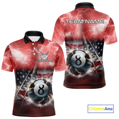 Red American Flag Thunder Lightning 8 Ball Pool Billiard Shirt For Men Custom Billiard Team Jersey TDM4612