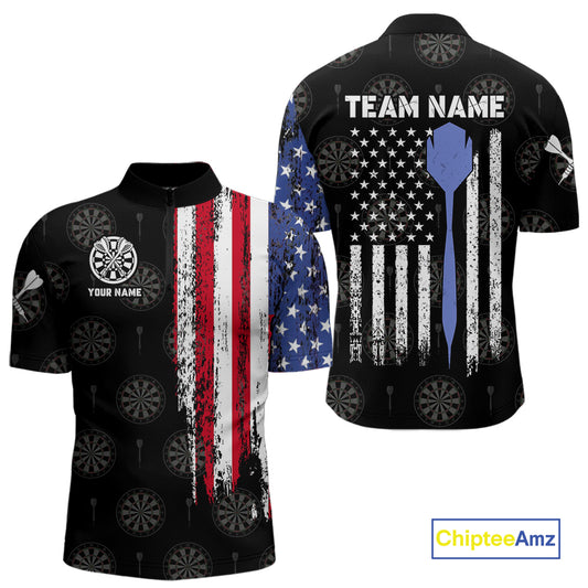 Personalized Grunge American Flag Dart Polo & Quarter Zip For Men Custom Patriotic Darts Jerseys TDM4618
